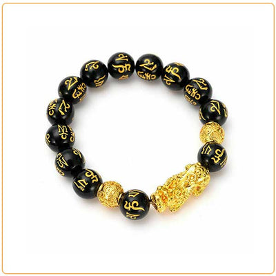 Bracelet Pi Xiu en obsidienne noire Mani Mantra sur fond blanc avec cadre orange