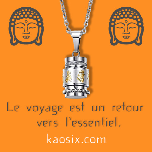 Pendentif tibétain moulin à prières sur fond orange avec deux têtes de Bouddha sur chaque côté kaosix