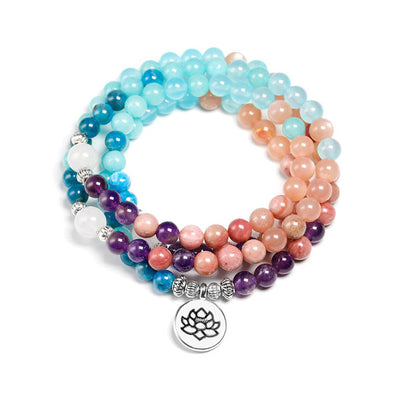 Mala 108 perles Rhodochrosite Apatite Améthyste Pierre de Soleil sur fond blanc avec cadre orange Kaosix