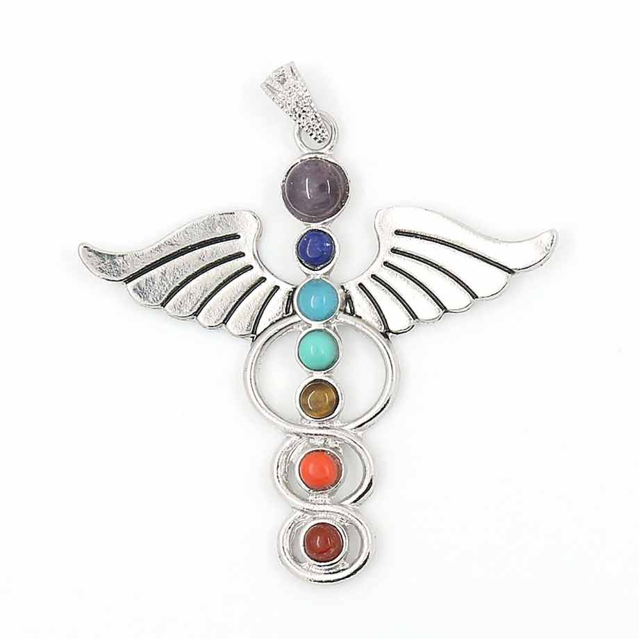 Pendentif 7 chakras symbole Ailes d'ange sur fond blanc Kaosix