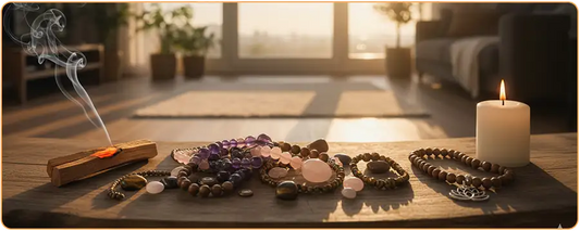 Autel spirituel un bâton de Palo Santo une collection de bracelets en cristal et de pierres polies (améthyste, quartz rose, œil-de-tigre) un mala Fleur de Lotus kaosix