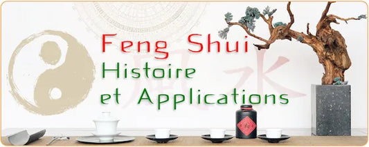 Bonsai posé sur une table avec des tasses de thé et une représentation du Yin et du Yang sur le mur avec les mots Feng Shui Histoire et Applications Kaosix