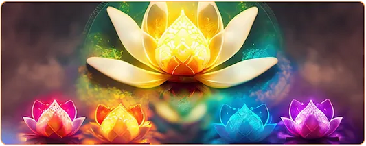 Dessin d'une fleur de lotus avec des couleurs vives jaune mauve et rose, et des représentations des chakras Kaosix