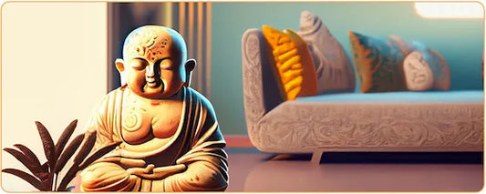 Dessin d'une statue de bouddha assis sur une table en premier plan avec un canapé en arrière plan dans un salon intérieur de maison Kaosix