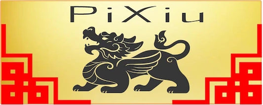 Dessin de Pi Xiu de couleur gris sur fond jaune avec décoration chinoise sur les côtés kaosix