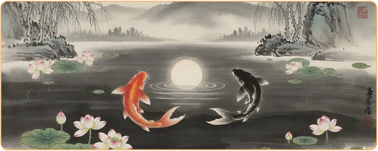 Élégante peinture chinoise à l'encre Shuimo représentant deux carpes Koï kaosix