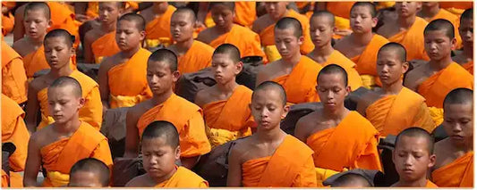 Jeune moines bouddhistes thaïlandais en robe orange en train de prière Kaosix