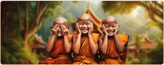 Trois enfants moines bouddhistes au crâne rasé devant un temple représentant les Trois singes de la sagesse  kaosix