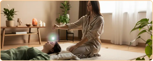 Une femme tient un fil avec un cristal umineux au-dessus d'une autre femme allongée dans un salon