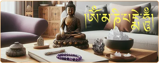 Une statue de Bouddha avec un bracelet d'améthyste dans un salon cosy avec un mantra tibétain en arrière-plan kaosix