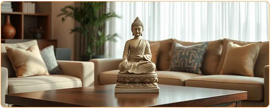 une statuette de Bouddha posée sur une table de salon avec des oreillers sur un sofa en fond kaosix
