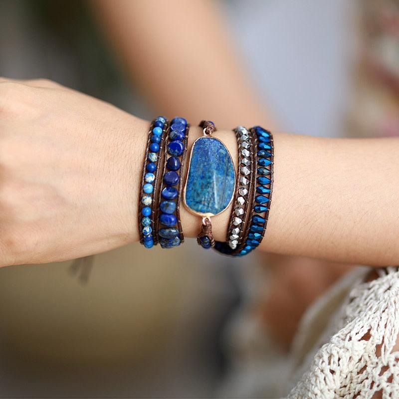 Bracelet boho wrap lapis lazuli et jaspe kaosix