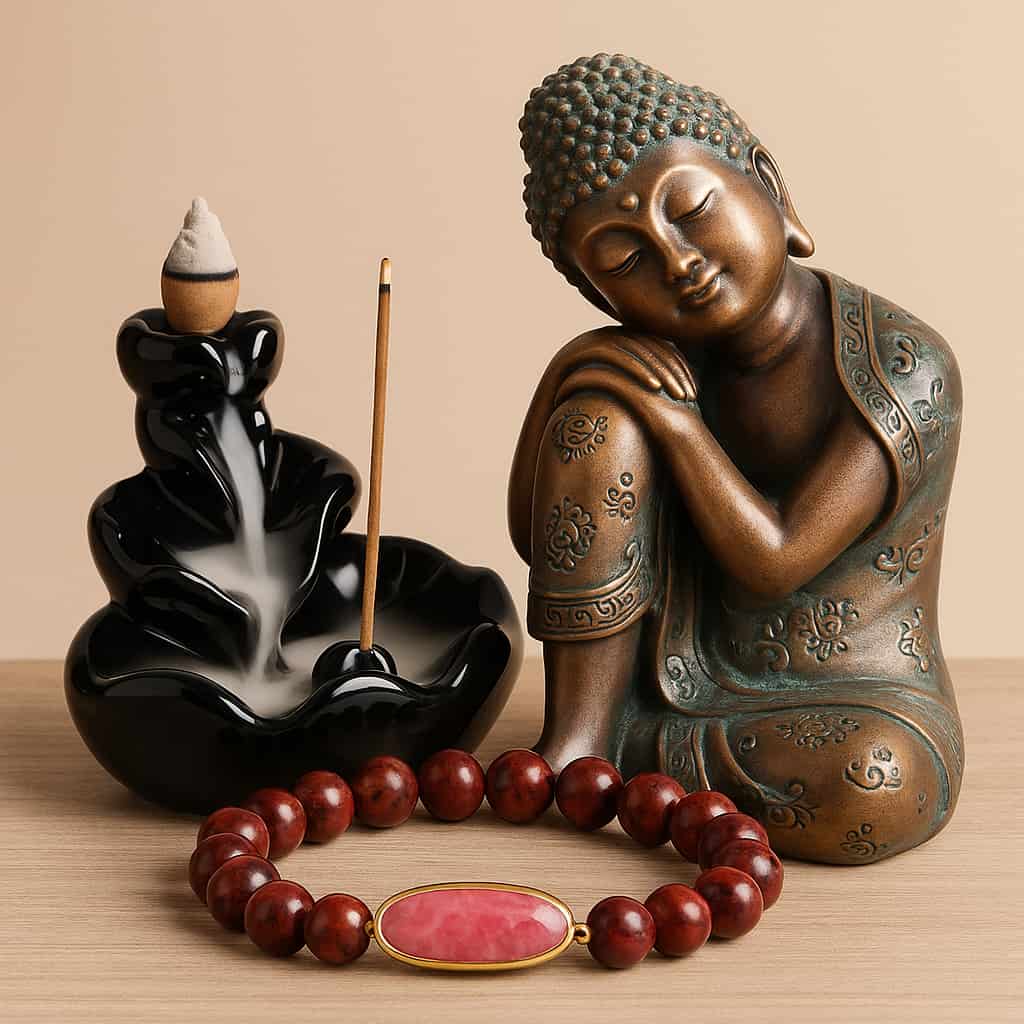 statue bouddha bracelet jaspe rouge fontaine d'encens kaosix
