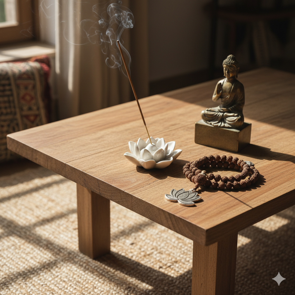une table de salon sur laquelle est posé un bâton d'encens sur un porte-encens en forme de fleur de lotus, un mala avec une amulette en fleur de lotus et une petite statuette de Bouddha kaosix