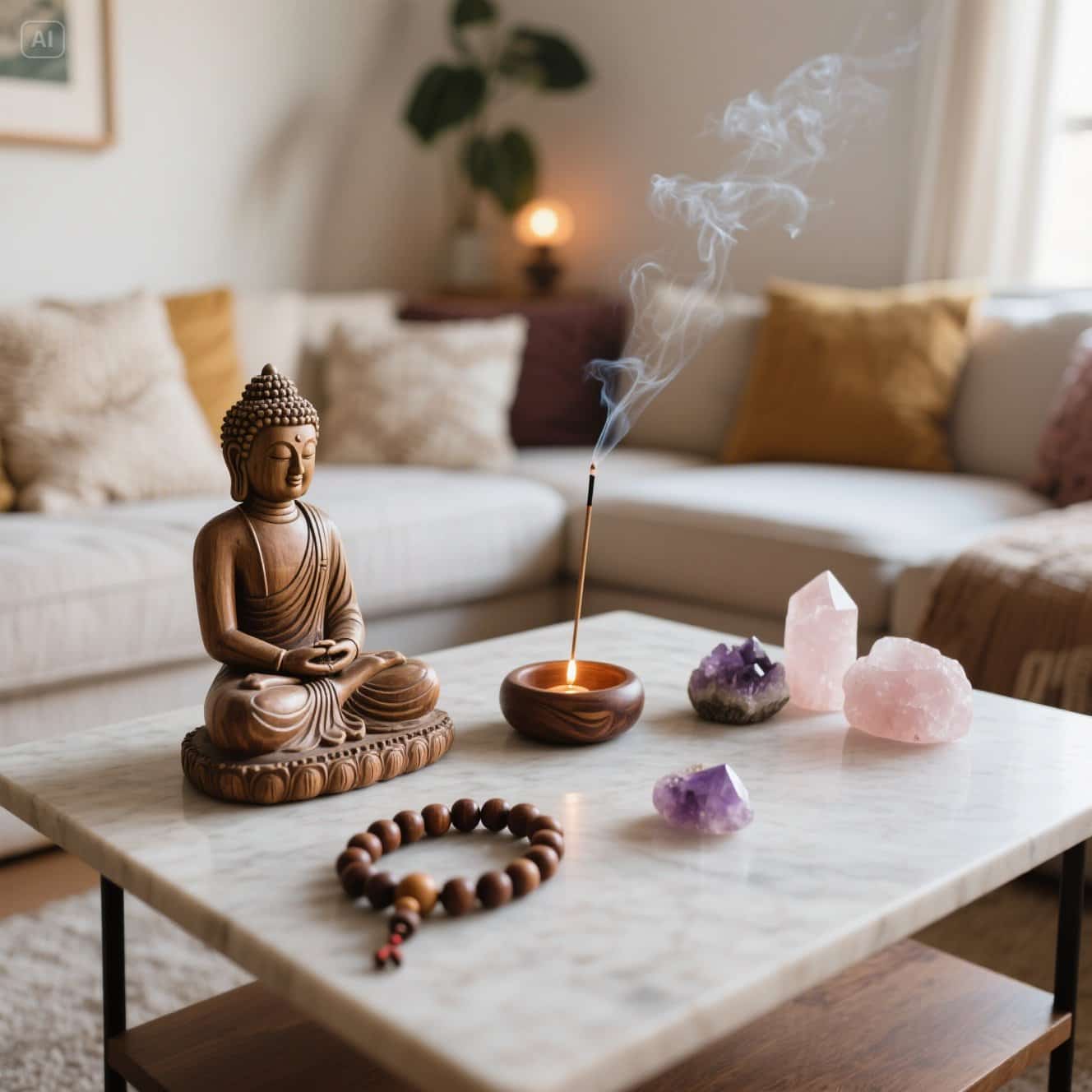 une table de une statuette de Bouddha, un collier mala en bois, un porte-encens avec un bâton d'encens incandescent, et quelques cristaux d'améthyste et quartz rose sur une table de salon kaosix