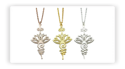 3 pendentifs Unalome Lotus sur fond blanc avec cadre orange Kaosix
