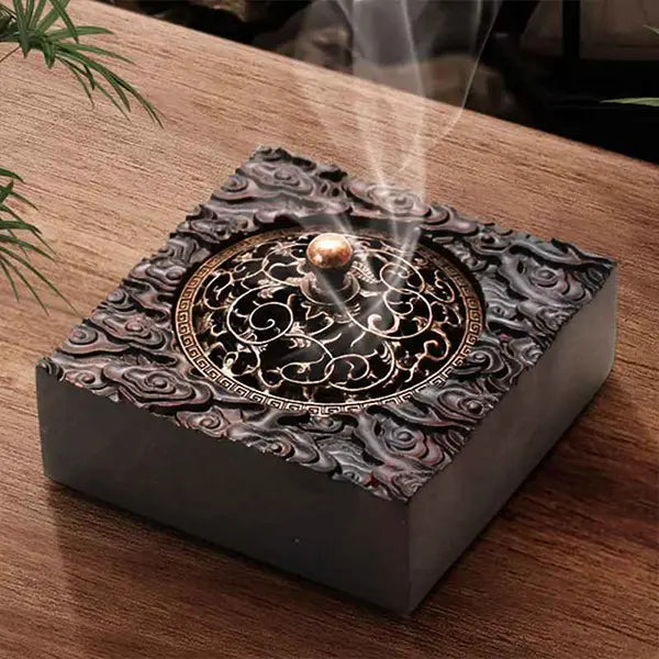 Boîte à Encens en Ébène Massif Motif Sculpté Nuages Célestes kaosix