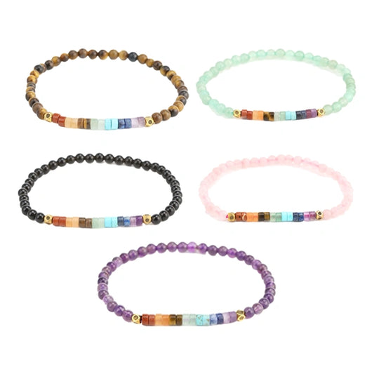 Bracelet 7 chakras perles rondes et cylindriques - 5 pierres fond blanc kaosix