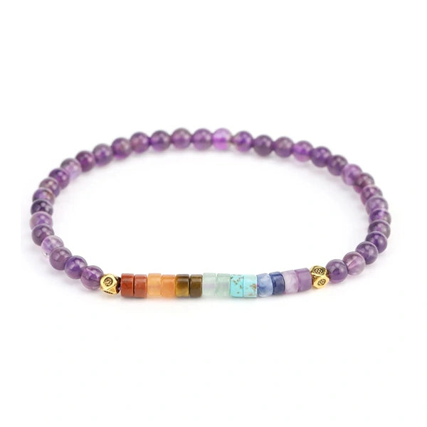 Bracelet 7 chakras perles rondes et cylindriques améthyste kaosix