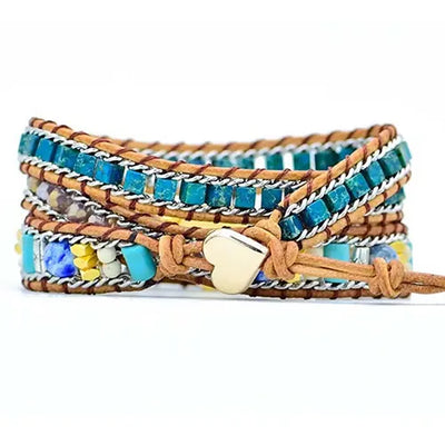 Bracelet Boho (wrap) Cœur d’opale Bleue sur fond blanc vue de derrière Kaosix