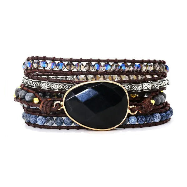 Bracelet Boho (wrap) en Onyx Noir Labradorite Grise Agate sur fond blanc Kaosix