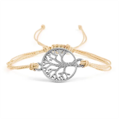 Bracelet Cordon Arbre de Vie Argenté Accessoire Porte-Bonheur beige fond blanc kaosix