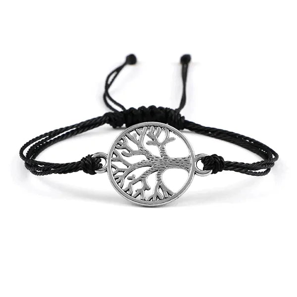 Bracelet Cordon Arbre de Vie Argenté Accessoire Porte-Bonheur noir fond blanc kaosix