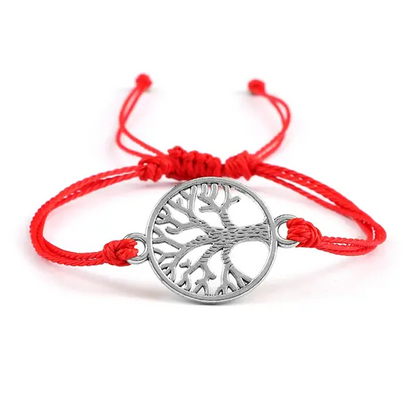 Bracelet Cordon Arbre de Vie Argenté Accessoire Porte-Bonheur rouge fond blanc kaosix