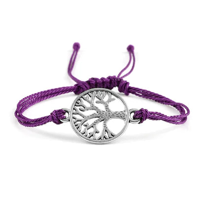 Bracelet Cordon Arbre de Vie Argenté Accessoire Porte-Bonheur violet fond blanc kaosix