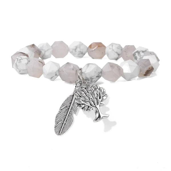 Bracelet Homme Perles Facettées Arbre de Vie Plume Agate Grise kaosix