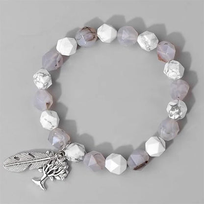 Bracelet Homme Perles Facettées Arbre de Vie Plume Agate Grise vue de dessus kaosix