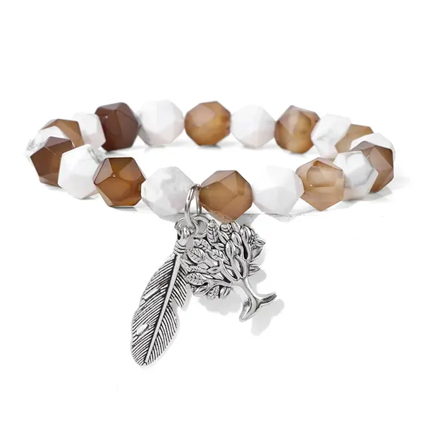 Bracelet Homme Perles Facettées Arbre de Vie Plume Agate Marron kaosix