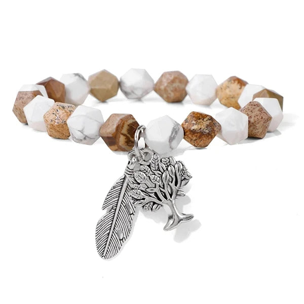 Bracelet Homme Perles Facettées Arbre de Vie Plume Jaspe Paysage kaosix