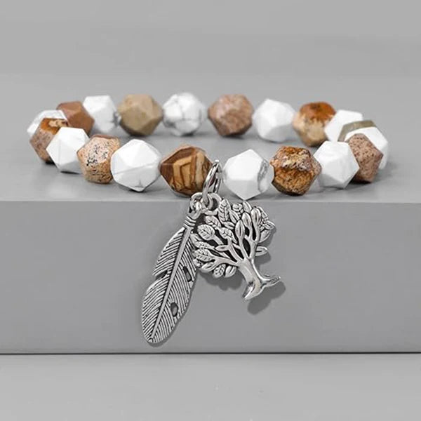 Bracelet Homme Perles Facettées Arbre de Vie Plume Jaspe Paysage sur socle gris kaosix