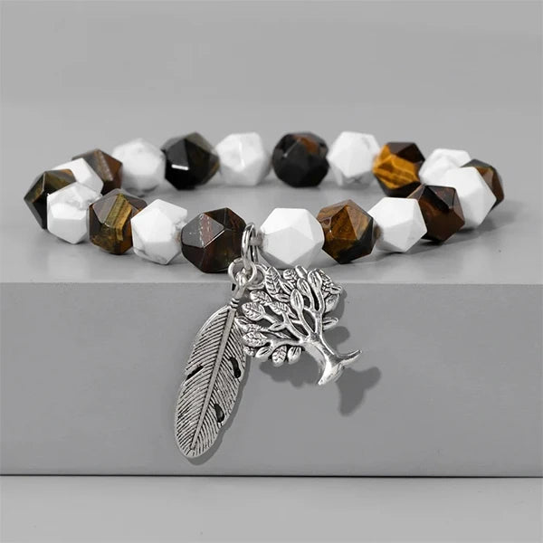 Bracelet Homme Perles Facettées Arbre de Vie Plume Oeil de tigre sur socle gris kaosix