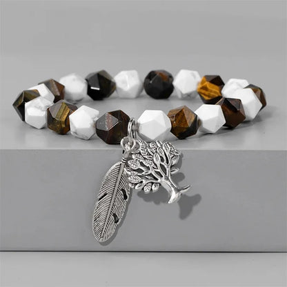 Bracelet Homme Perles Facettées Arbre de Vie Plume Oeil de tigre sur socle gris kaosix