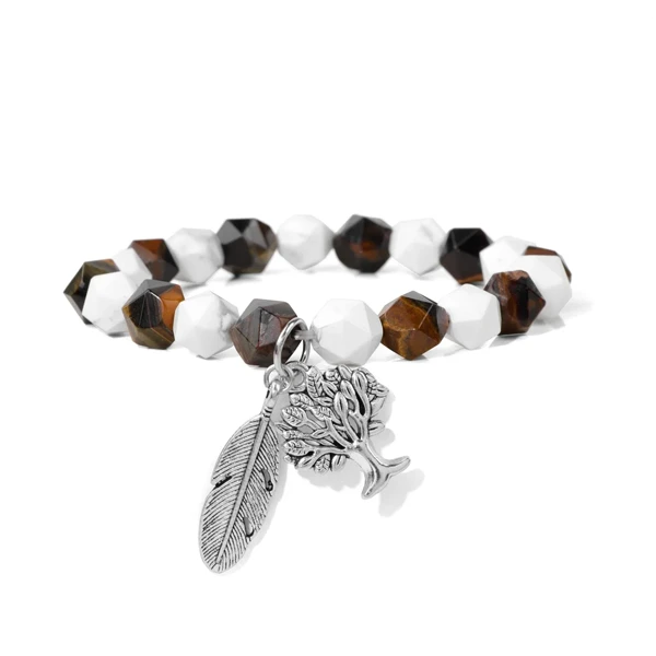 Bracelet Homme Perles Facettées Arbre de Vie Plume sur fond blanc kaosix