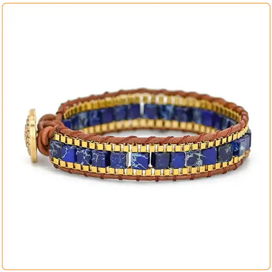 Bracelet Lapis-Lazuli perles cubiques et cuir sur fond blanc Kaosix