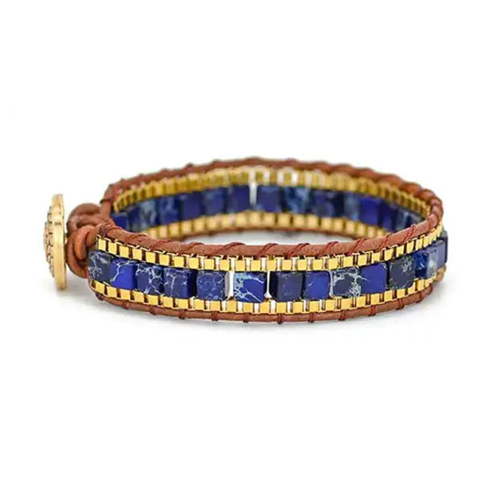 Bracelet Lapis-Lazuli perles cubiques et cuir sur fond blanc Kaosix