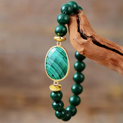 Bracelet Malachite Perles et Galet suspendu verticalement à une branche kaosix