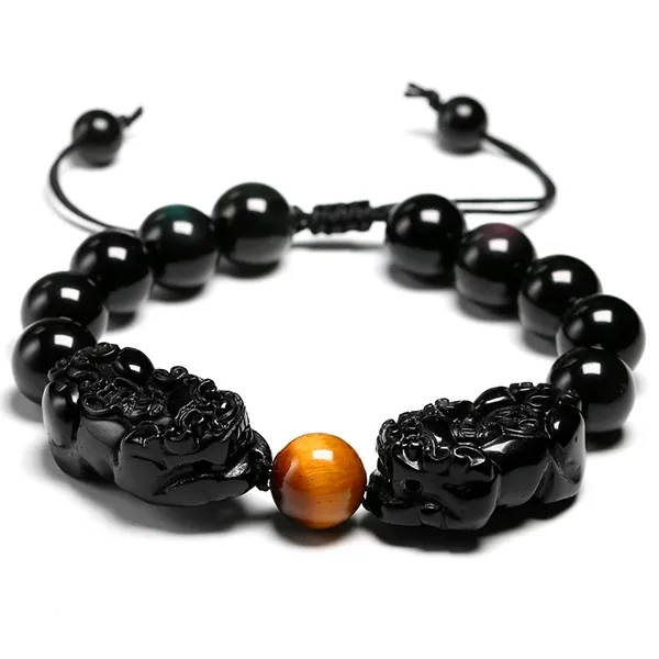 Bracelet Pi Xiu (Pi Yao) Obsidienne Œil de Tigre fond blanc à plat kaosix