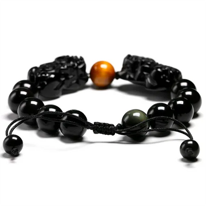 Bracelet Pi Xiu (Pi Yao) Obsidienne Œil de Tigre fond blanc à plat vue derrière kaosix