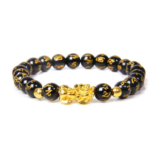 Bracelet Pi Xiu en obsidienne noire Mani Mantra sur fond blanc avec cadre orange kaosix