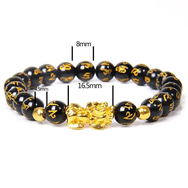 Bracelet Pi Xiu en obsidienne noire Mani Mantra sur fond blanc avec dimensions des perles kaosix