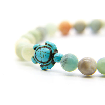 Bracelet Pierre d’Amazonite Tortue Marine avec gros plan sur la tortue de mer Kaosix