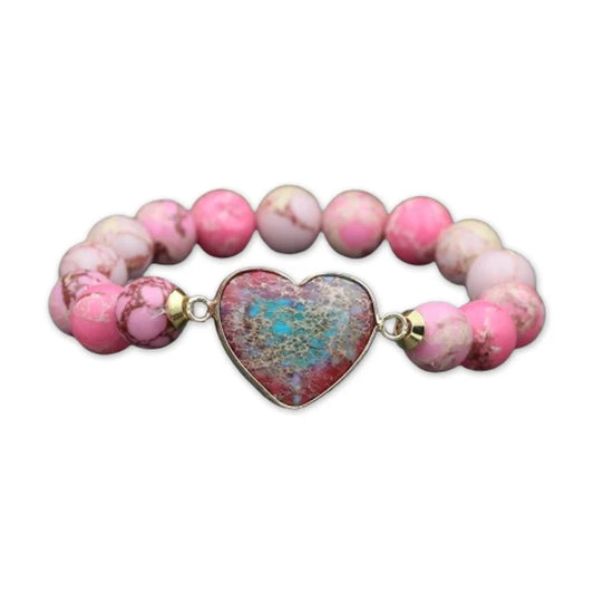 Bracelet Rhodonite Cœur Jaspe Impérial sur fond blanc kaosix