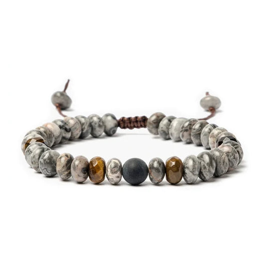 Bracelet Tibétain Jaspe Gris et Œil de Tigre sur fond blanc kaosix