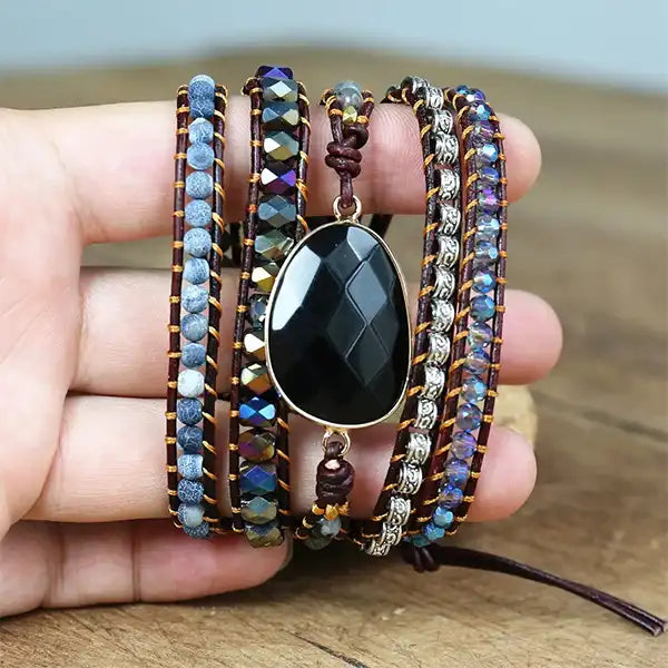 Bracelet Wrap Onyx Noir Élégance Mystique 5 Tours kaosix 7