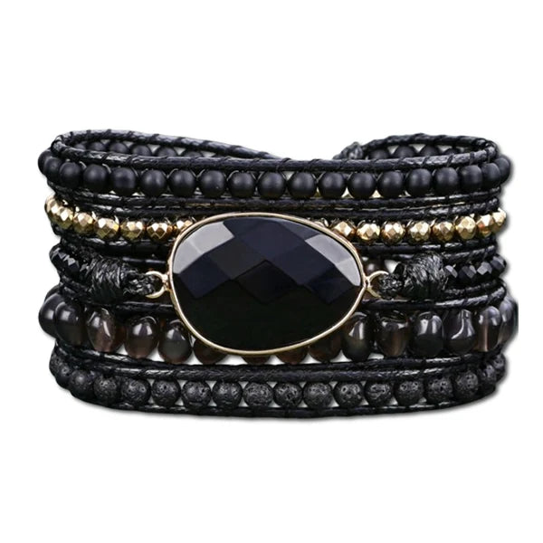 Bracelet Wrap Onyx Noir Force Protectrice Pierre de Lave & Agate kaosix 1