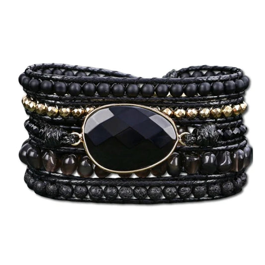 Bracelet Wrap Onyx Noir Force Protectrice Pierre de Lave & Agate kaosix 1